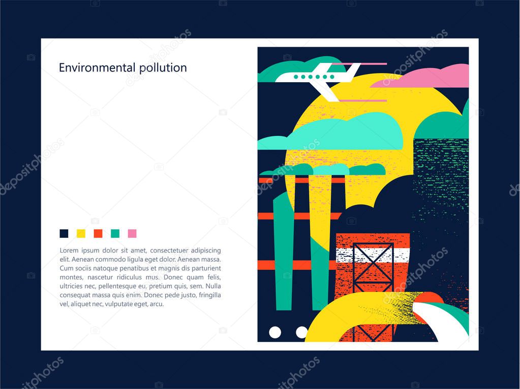 Pollution of the environment by harmful emissions into the atmosphere and water. Factories, Smoking chimneys, the discharge of harmful wastes into the river could. Vector colorful illustration with textures with space for text.