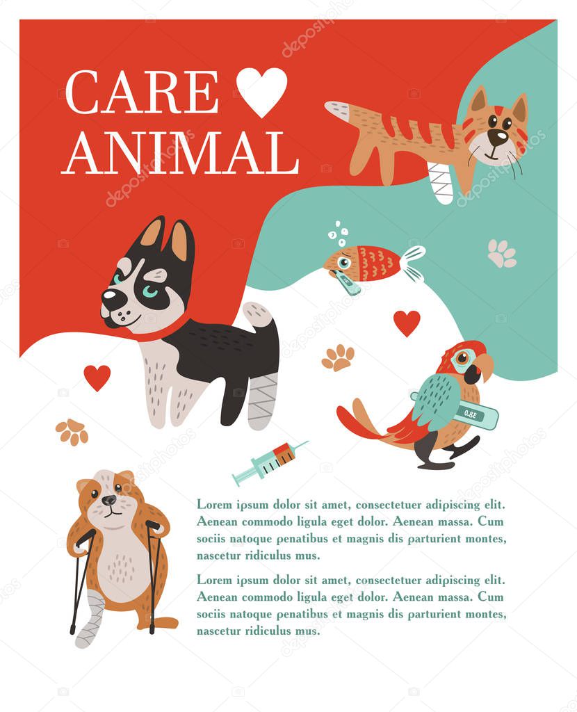 Veterinary care. Care of animals. Banner with space for text for veterinary clinic. A set of cute sick animals.