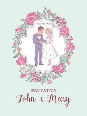 Düğün davetiyesi. Güzel düğün kartı gelin ve damat, narin pembe çiçek ve beyaz güvercinler. Vektör çizim.