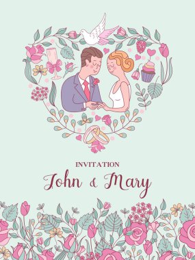 Düğün davetiyesi. Güzel düğün kartı gelin ve damat, narin pembe çiçek ve beyaz güvercinler. Vektör çizim.