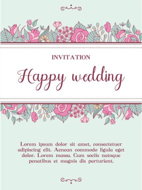 Düğün davetiyesi. Güzel düğün kartı gelin ve damat, narin pembe çiçek ve beyaz güvercinler. Vektör çizim.