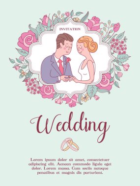Düğün davetiyesi. Güzel düğün kartı gelin ve damat, narin pembe çiçek ve beyaz güvercinler. Vektör çizim.