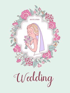 Düğün davetiyesi. Güzel düğün kartı gelin ve damat, narin pembe çiçek ve beyaz güvercinler. Vektör çizim.