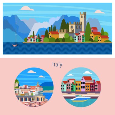 İtalyan kentsel manzara. Vektör çizim. Yuvarlak simgeler. Veni