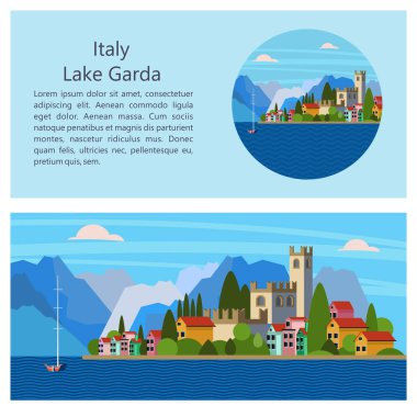 İtalya. Garda Gölü. Şehir Salo. Vektör çizim. Kartpostal ile