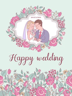 Düğün davetiyesi. Güzel düğün kartı gelin ve damat, narin pembe çiçek ve beyaz güvercinler. Vektör çizim.