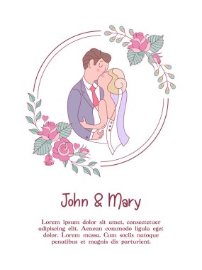Düğün davetiyesi. Güzel düğün kartı gelin ve damat, narin pembe çiçek ve beyaz güvercinler. Vektör çizim.
