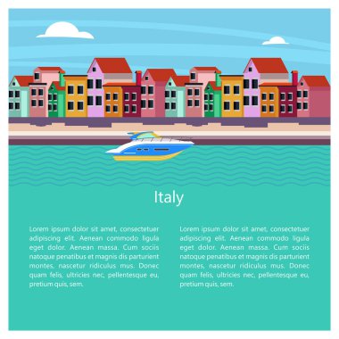 İtalya. Venedik. Renkli evler kanalı yakınındaki. Vektör illustrati