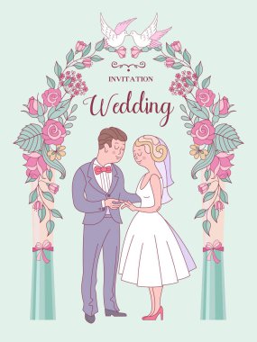 Düğün davetiyesi. Güzel düğün kartı gelin ve damat, narin pembe çiçek ve beyaz güvercinler. Vektör çizim.