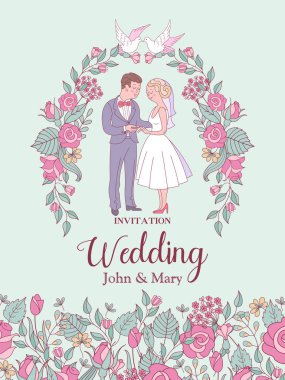 Düğün davetiyesi. Narin pembe çiçekler, çerçeveli güzel düğün kartı. Vektör çizim.