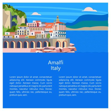 Amalfi. İtalya sahil kasabasıdır. Vektör çizim.