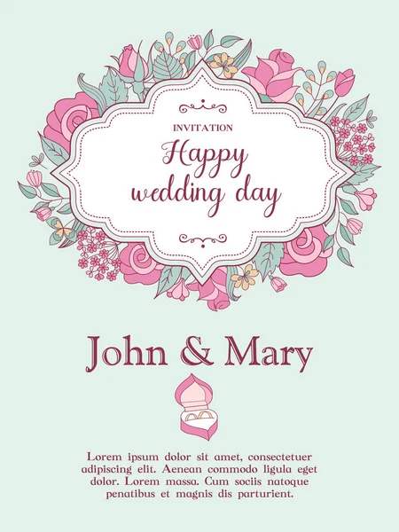 Invitación de boda. Hermosa tarjeta de boda con un marco de delicadas flores de color rosa. Ilustración vectorial . — Vector de stock