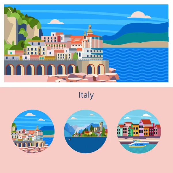 Amalfi. Cidade costeira em Itália. Ilustração vetorial . — Vetor de Stock