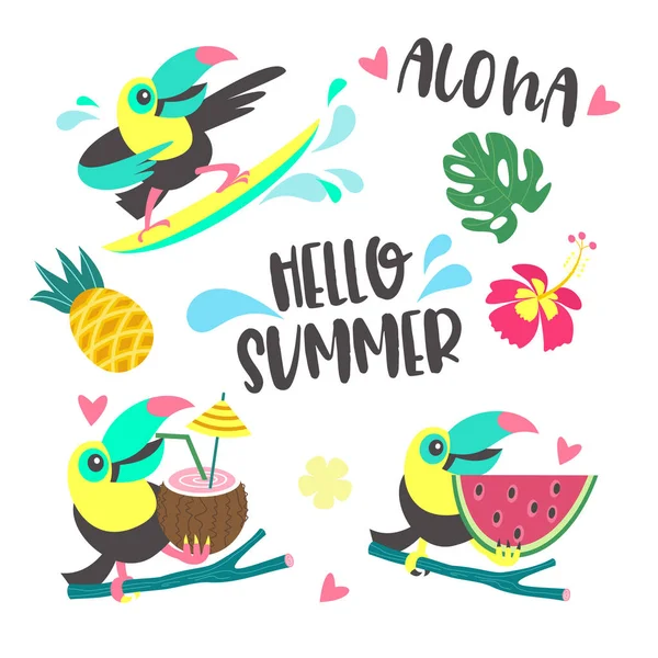 Hallo zomer. Aloha. Leuke vrolijke Toucan. Kleurrijke vector illus — Stockvector