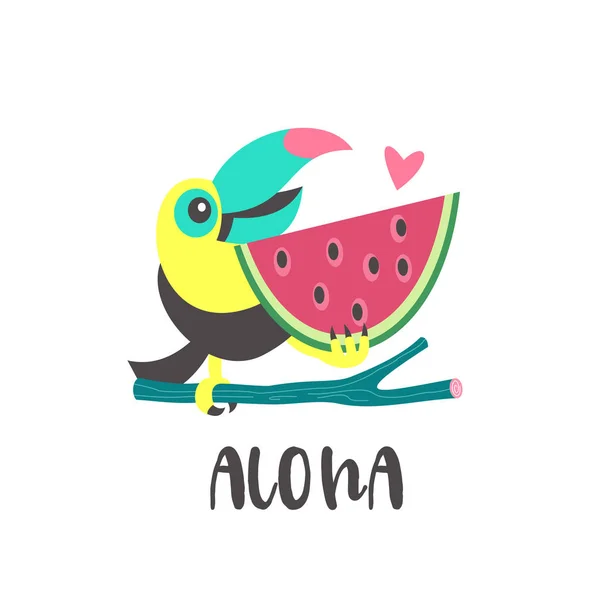 Bonjour l'été. Aloha ! Joyeux Toucan joyeux. Vecteur coloré illus — Image vectorielle