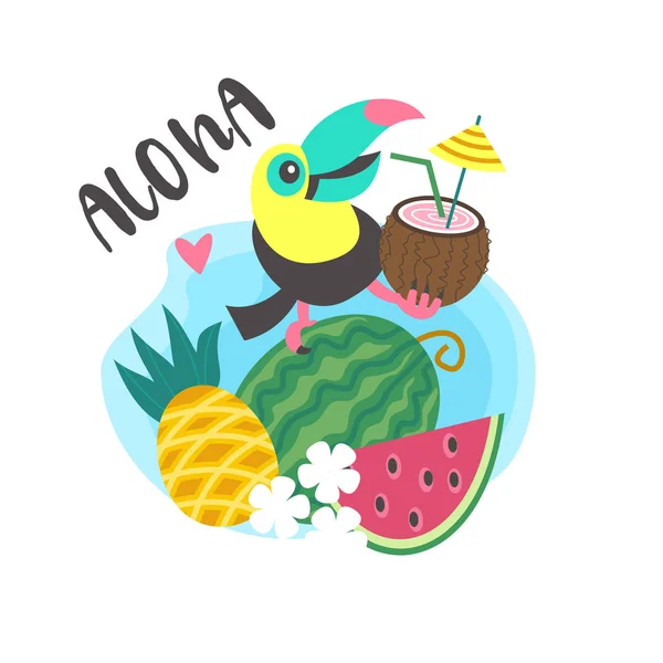 Hallo zomer. Aloha. Leuke vrolijke Toucan. Kleurrijke vector illus — Stockvector