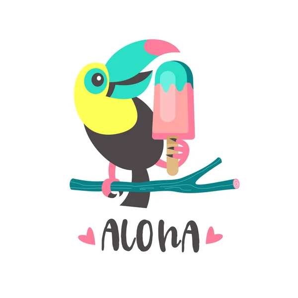 Bonjour l'été. Aloha ! Joyeux Toucan joyeux. Vecteur coloré illus — Image vectorielle