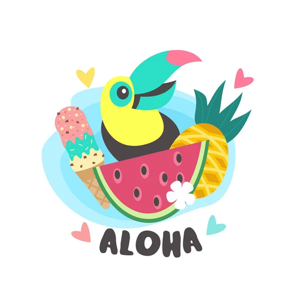 Bonjour l'été. Aloha ! Joyeux Toucan joyeux. Vecteur coloré illus — Image vectorielle