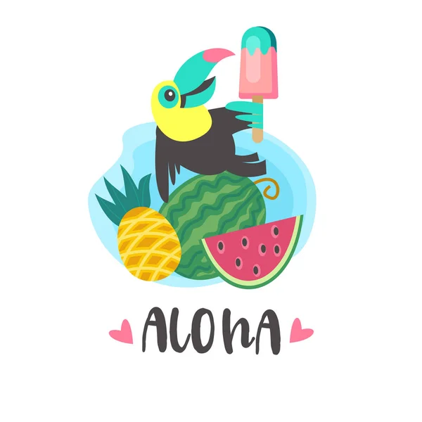 Hallo zomer. Aloha. Leuke vrolijke Toucan. Kleurrijke vector illus — Stockvector