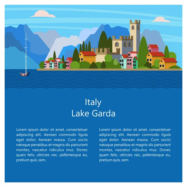 İtalya. Garda Gölü. Şehir Salo. Vektör çizim. Kartpostal ile — Stok Vektör
