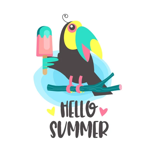 Hello summer. Aloha. Cute cheerful Toucan. Colorful vector illus — Stock Vector