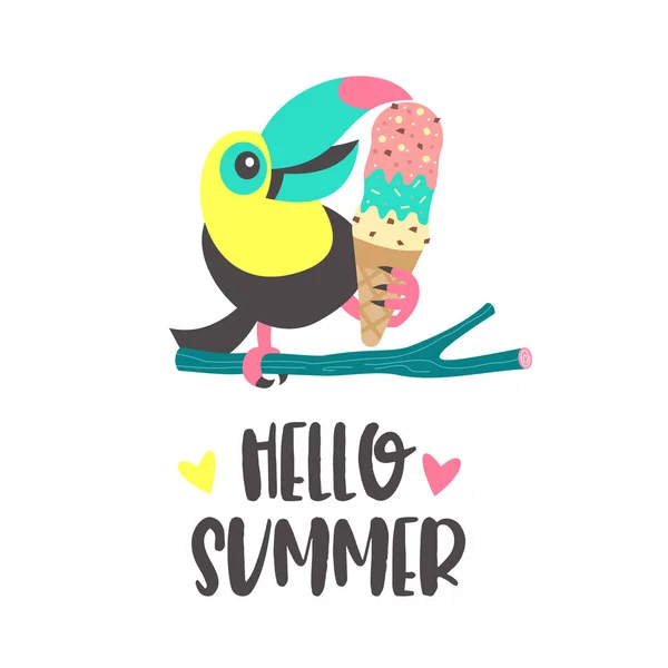 안녕하세요 여름. 알로하. 귀여운 명랑 큰부리새입니다. 화려한 벡터 illus — 스톡 벡터