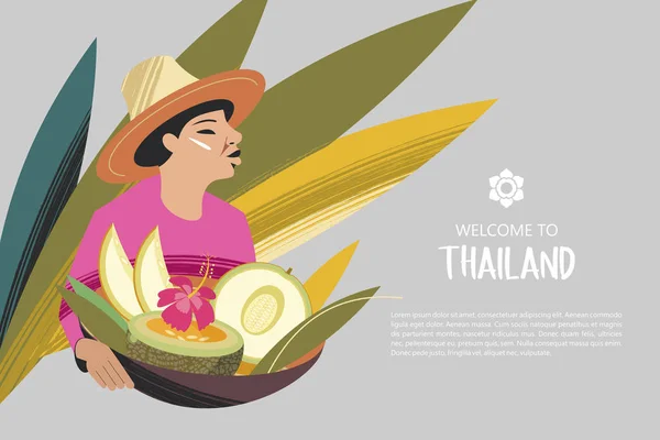 Femeia thailandeză într-o pălărie care deține un coș de fructe exotice. Pentru piața thailandeză. Bun venit în Thailanda. Șablon pliant publicitar . — Vector de stoc