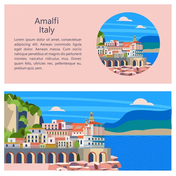 Amalfi. Ciudad costera en Italia. Ilustración vectorial . — Vector de stock