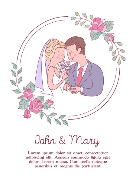 Invitación de boda. Hermosa tarjeta de boda con novia y novio, delicadas flores rosadas y palomas blancas. Ilustración vectorial . — Vector de stock