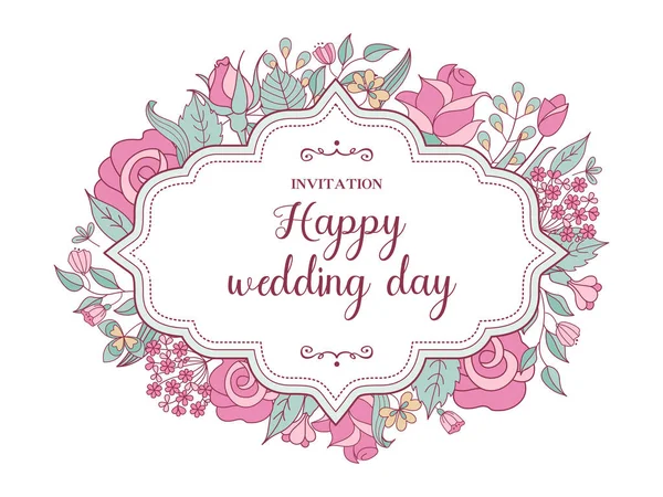 Invitación de boda. Hermosa tarjeta de boda con novia y novio, delicadas flores rosadas y palomas blancas. Ilustración vectorial . — Vector de stock