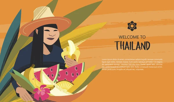 Mujer tailandesa en un sombrero sosteniendo una cesta de frutas exóticas. Para el mercado tailandés. Bienvenido a Tailandia. Plantilla de folleto publicitario . — Archivo Imágenes Vectoriales