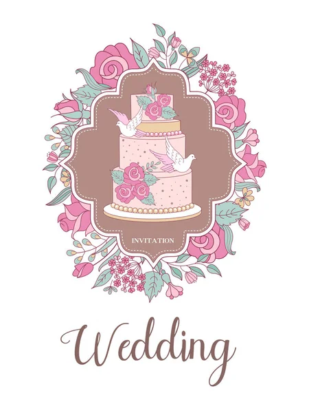 Hochzeitseinladung wunderschöne Hochzeitskarte mit Braut und Bräutigam, zartrosa Blumen und weißen Tauben. Vektorillustration. — Stockvektor