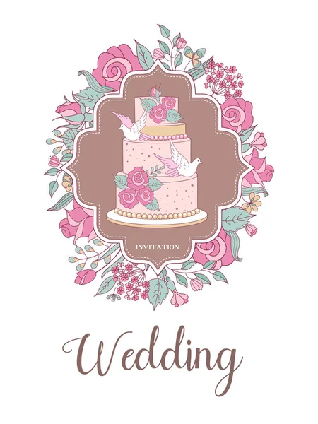 Invitación de boda. Hermosa tarjeta de boda con novia y novio, delicadas flores rosadas y palomas blancas. Ilustración vectorial . — Vector de stock