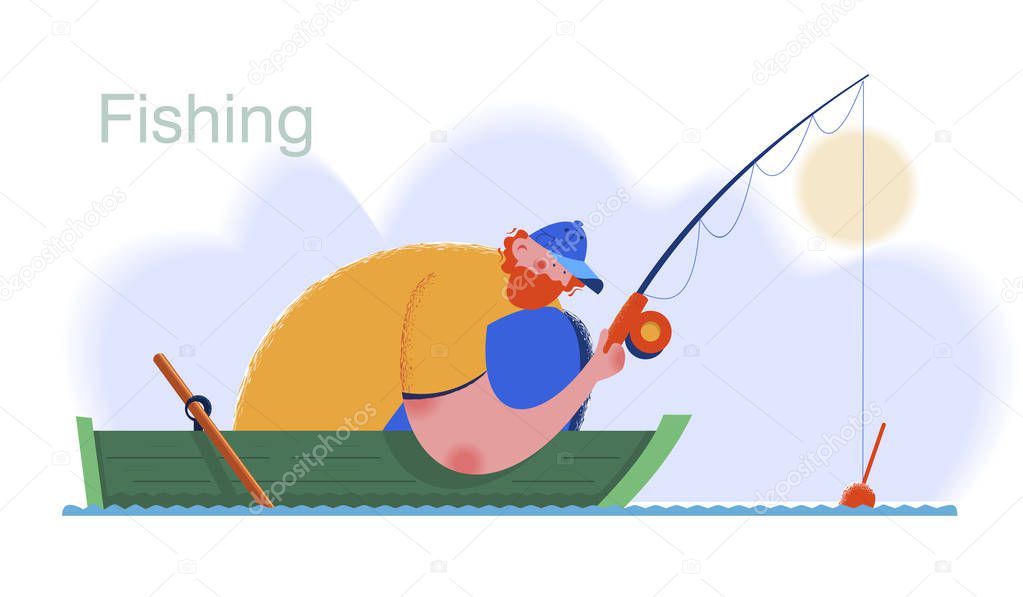 Fisherman in a boat with a fishing rod. A fisherman catches a fish. Vector illustration.