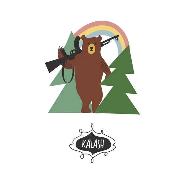 Urso com um Kalashnikov na floresta. Ilustração vetorial . — Vetor de Stock