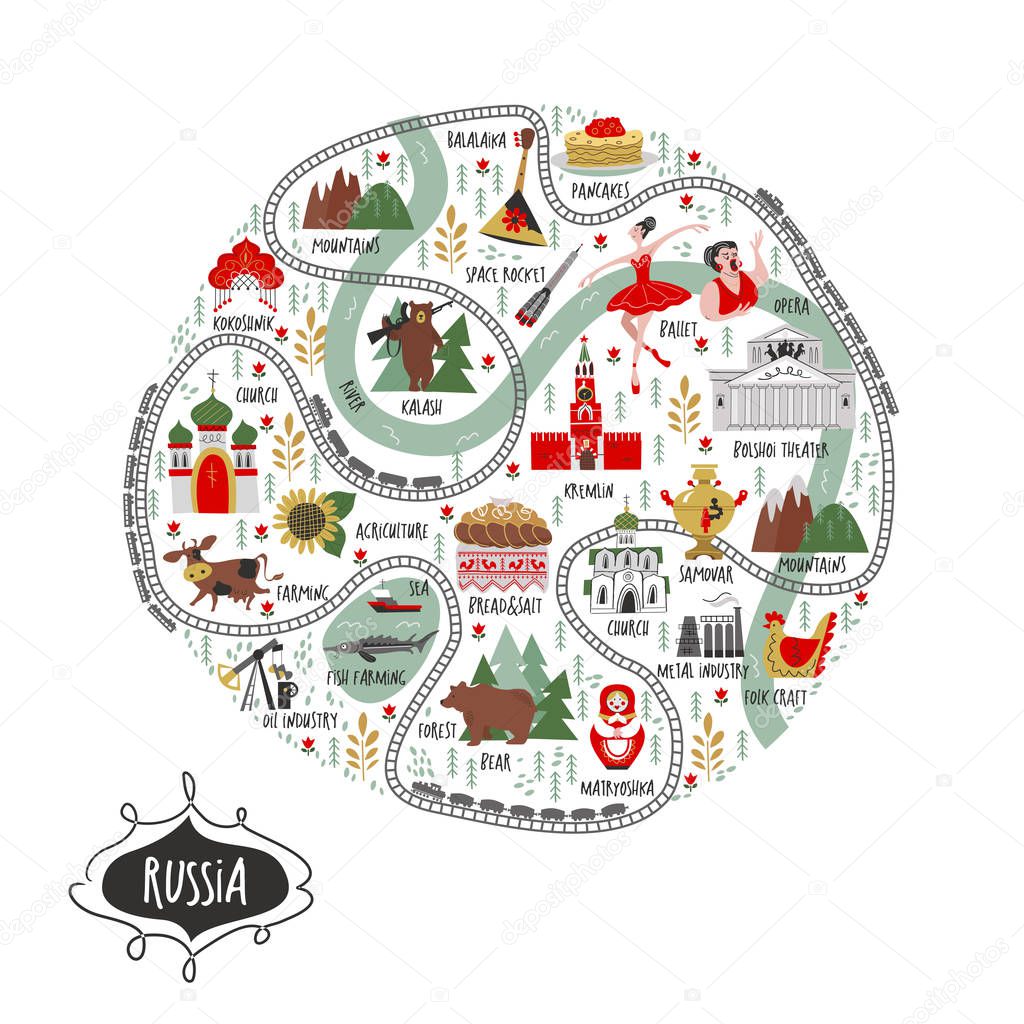 Russia. Sights of Russia and symbols of the country. Vector illu