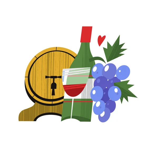 Vino y uvas. Postal dibujada a mano vintage, ilustración vectorial — Archivo Imágenes Vectoriales