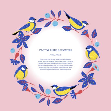 Güzel kuşlar, çilek, çiçek ve dalları. Vektör çizimi