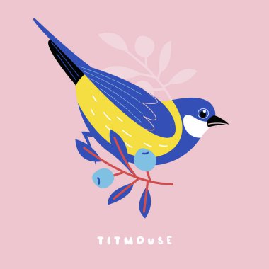 Güzel kuşlar, çilek, çiçek ve dalları. Vektör çizimi