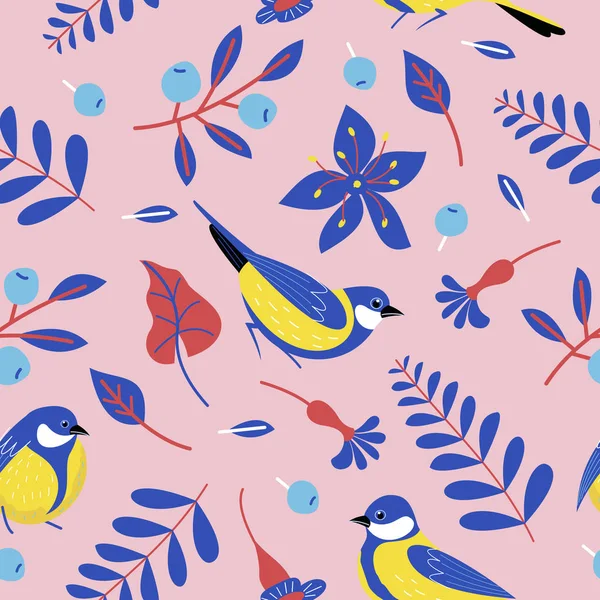 Απρόσκοπτα μοτίβα με πουλιά, λουλούδια, φύλλα και μούρα. Vecto — Διανυσματικό Αρχείο