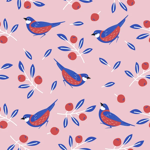 Seamless patterns with birds, flowers, leaves and berries. Vecto — Free Stock Photo