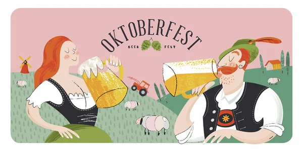 Oktoberfest, pivní festival. Postavy v německých národních šatech — Stockový vektor