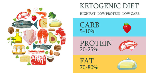 Ketogenic diet. A large set of products for the keto diet. Vecto