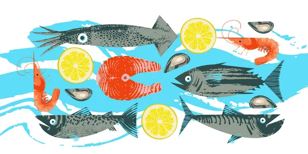 Meeresfrüchte. Fische. bunte Vektorillustration, eine Sammlung von ima — Stockvektor