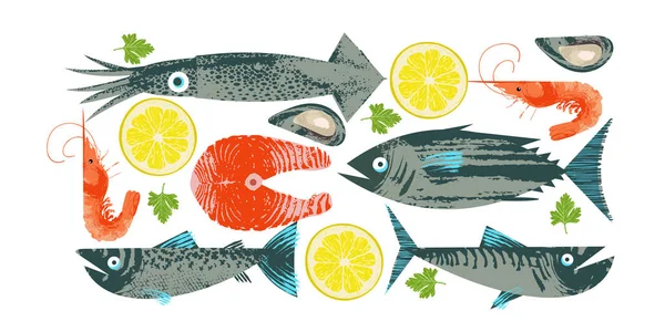 Seafood. Fish. Colorful vector illustration, a collection of ima — Stock Vector