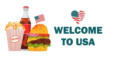 Birleşik Devletlere hoş geldiniz. Kola, patlamış mısır ve hamburger ile vektör illüstrasyon.
