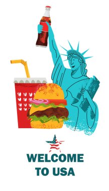 Birleşik Devletlere hoş geldiniz. Vektör illüstrasyon, el çizimi vektör dokusu olan reklam afişi. Neşeli bir özgürlük heykeli elinde bir kola tutuyor. Büyük bir hamburger ve plastik bir bardak..