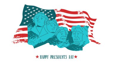 Başkanlık günün kutlu olsun. Vektör illüstrasyon, tebrik kartı. Amerika Birleşik Devletleri 'ndeki Rushmore Dağı' nda bulunan ve içinde George Washington, Thomas Jefferson, Theodore Roosevelt ve Abraham Lincoln 'ün heykel portrelerinin bulunduğu anıt..