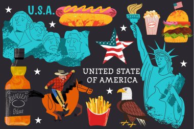 Usa. Harika eşyalar, gösteriler, gelenekler, hatıralar ve Amerika yemekleri koleksiyonu. Vektör illüstrasyonu.