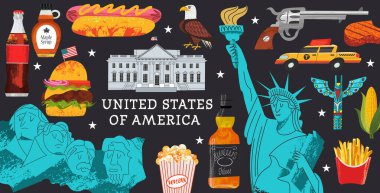 Usa. Harika eşyalar, gösteriler, gelenekler, hatıralar ve Amerika yemekleri koleksiyonu. Vektör illüstrasyonu.